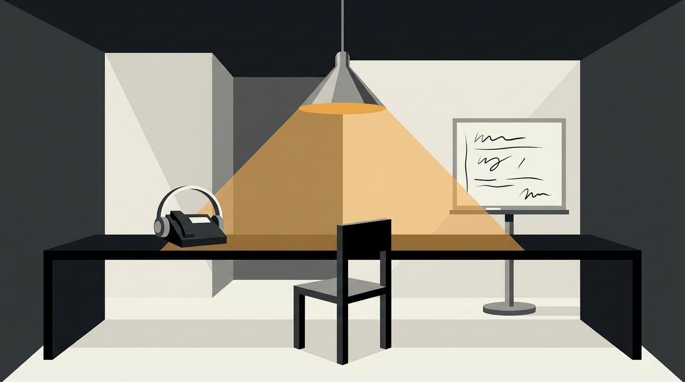 One long desk in a dark room under a single hanging lamp. A telephone sales headset rests on the left half, a coaching whiteboard stands on the right half, and one empty chair sits at the centre serving both.