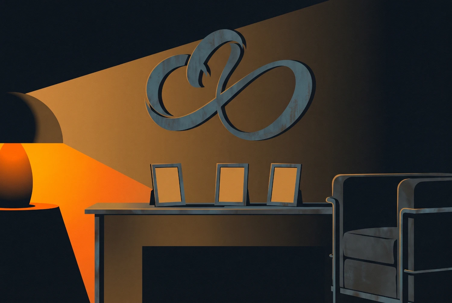 An evening living room in flat warm planes. A lamp at the left throws a wide amber wedge across the wall. Above a mantel hangs a steel wall piece formed from one continuous flowing curve that resolves into no letter. Three small picture frames stand on the mantel below with blank faces.