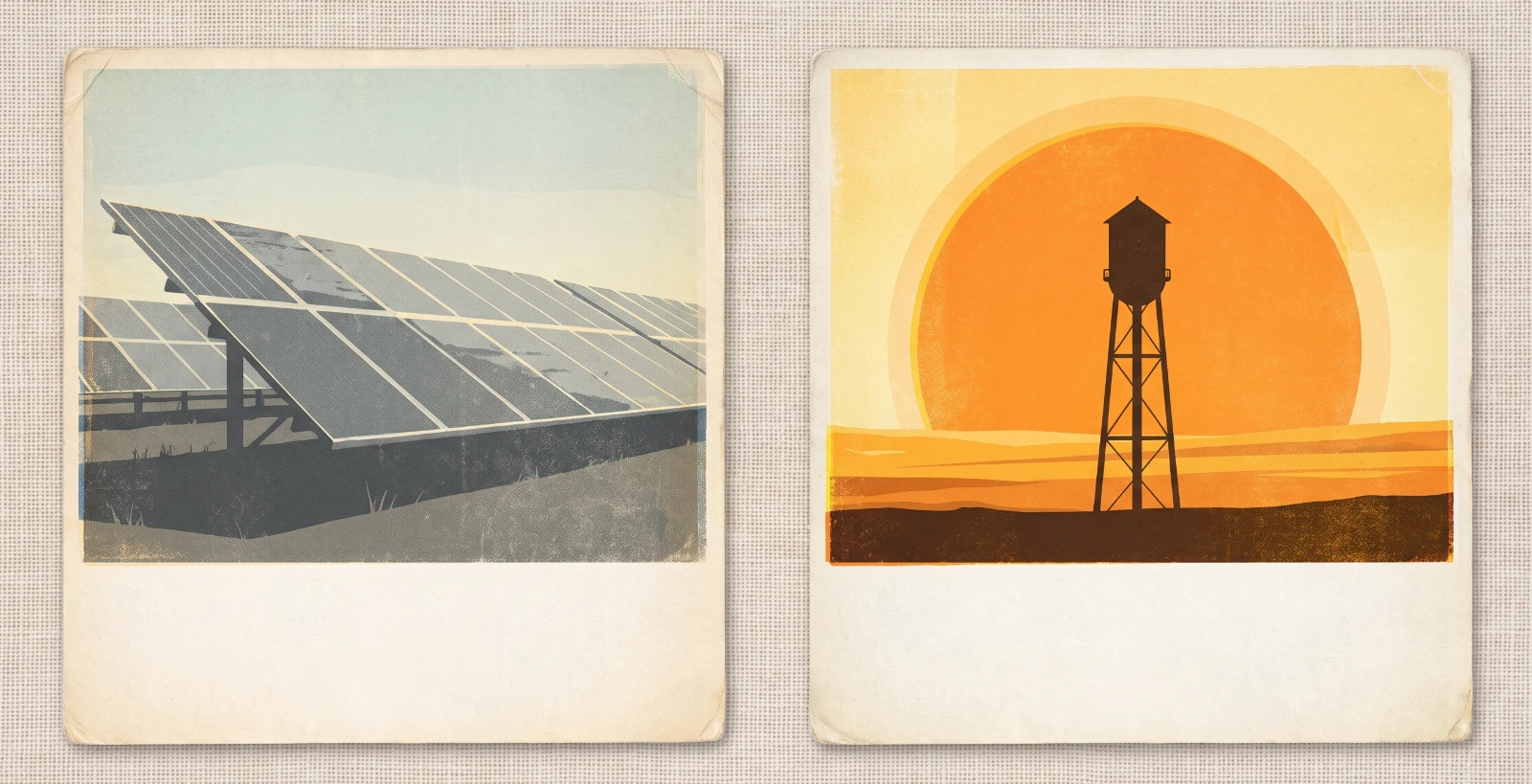 Two mid-century travel postcards lying side by side on linen, both with blank caption bands. The left card shows a grey, sun-faded array of solar panels. The right card shows a lone water tower silhouetted against a large warm sun, printed bright and high contrast.