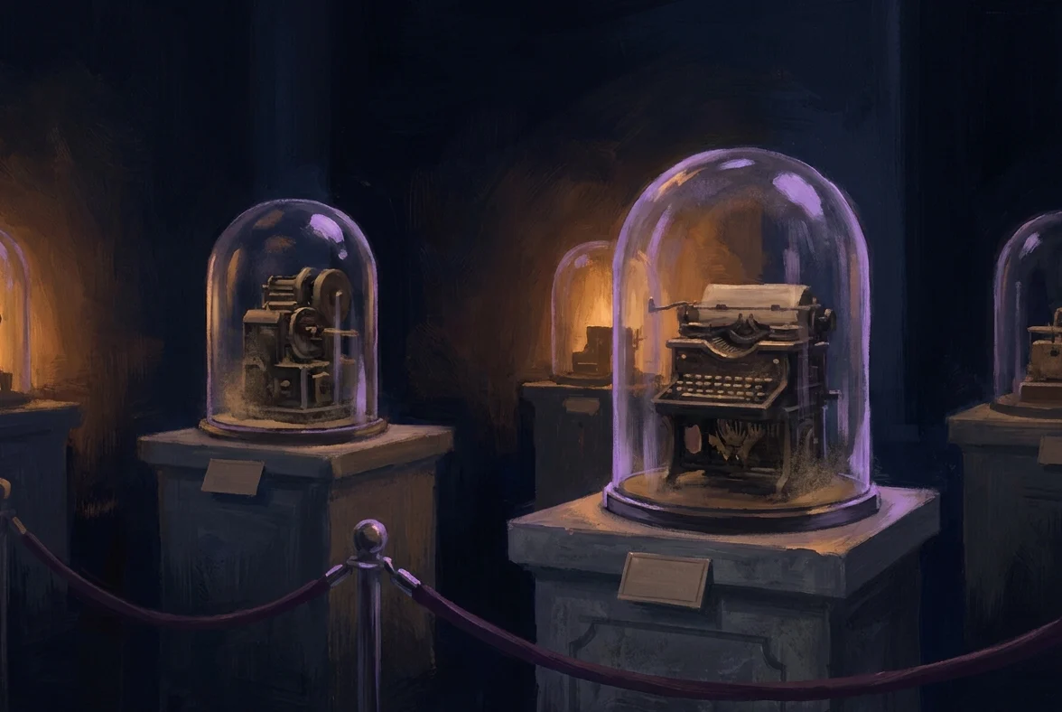 A gouache-dark museum hall on deep navy: plinths in a row, each holding a dusty piece of data machinery under glass, placard cards beneath, one violet velvet rope line in front. No people.
