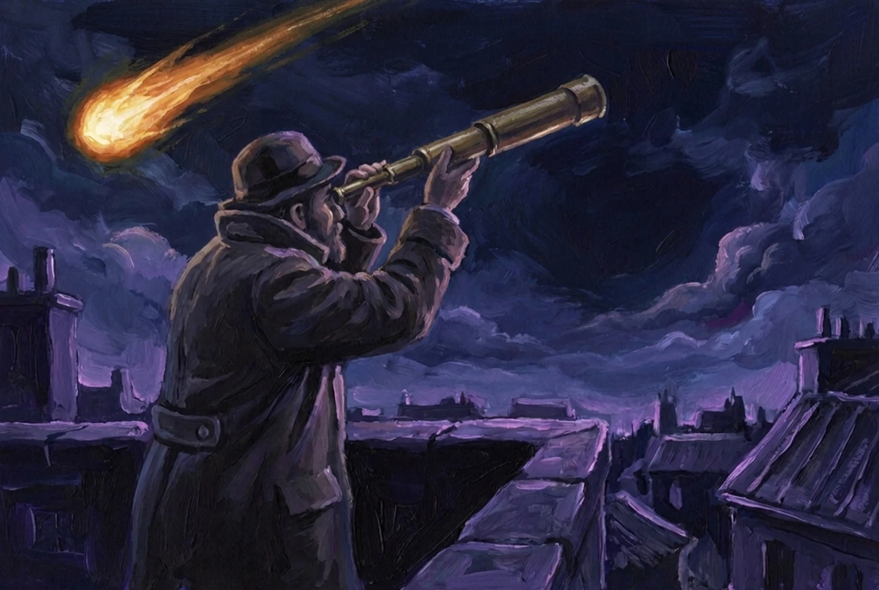 A dark gouache rooftop at night under a violet sky. A bearded man in a long coat and bowler hat holds a brass telescope to his eye, aimed into an empty stretch of sky on the right with nothing in it. High on the left, behind and above his opposite shoulder, a bright comet burns across the clouds with its trail sweeping away, and he never turns to look at it.