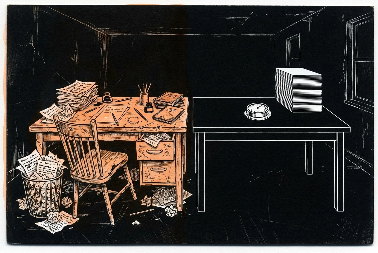Two writing desks engraved side by side. The left desk is scarred and buried in crossed-out drafts with a chair shoved back. The right desk is immaculate, carrying one dial and a stack of output sheets so uniform they read as a single block.