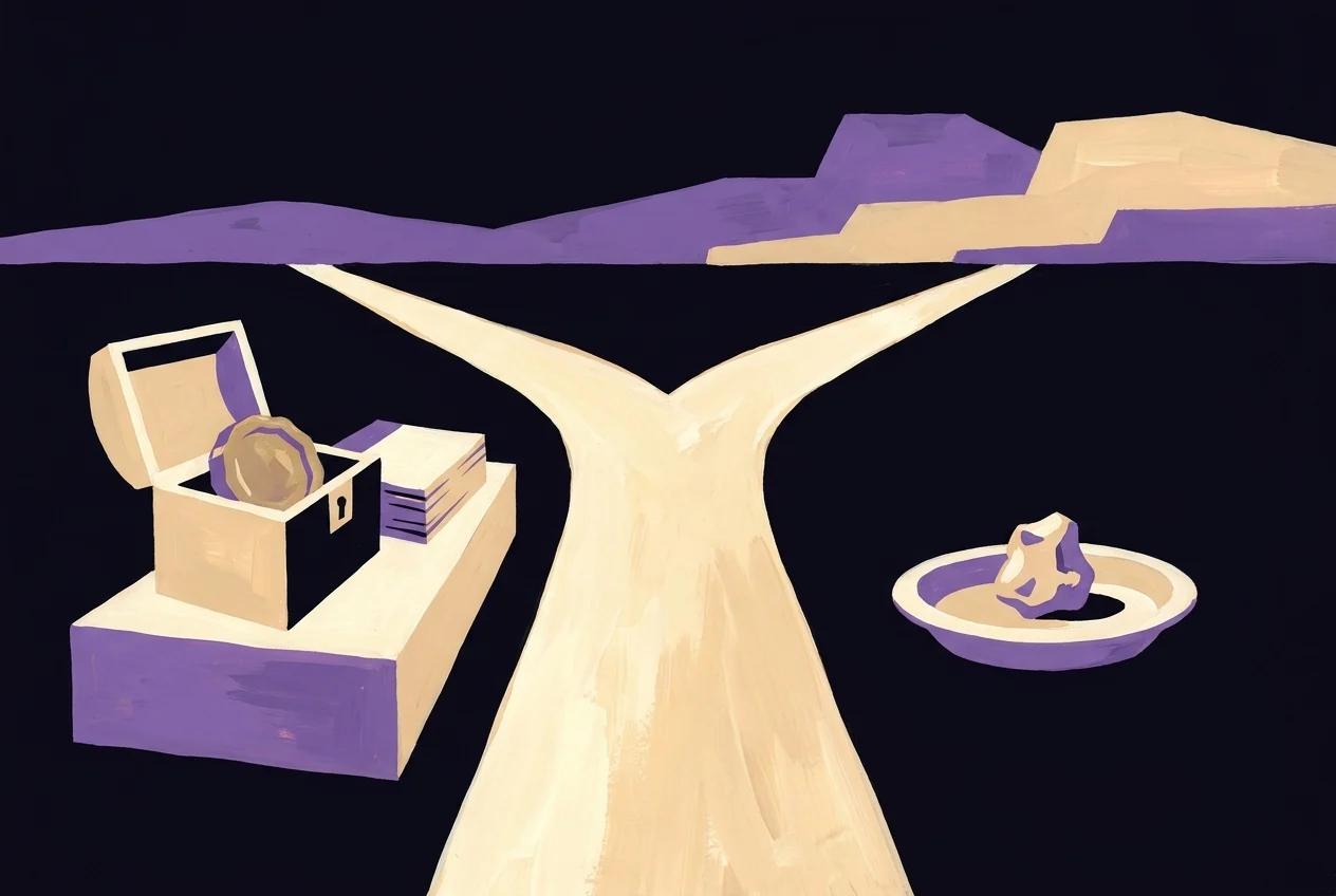 A road splitting into two branches of identical width. At the head of the left branch an open strongbox on a plinth holds a heavy token beside a thick year-block of a calendar. At the head of the right branch a low dish holds one small finished sample, offered forward, with nothing beside it. Both branches are lit the same.