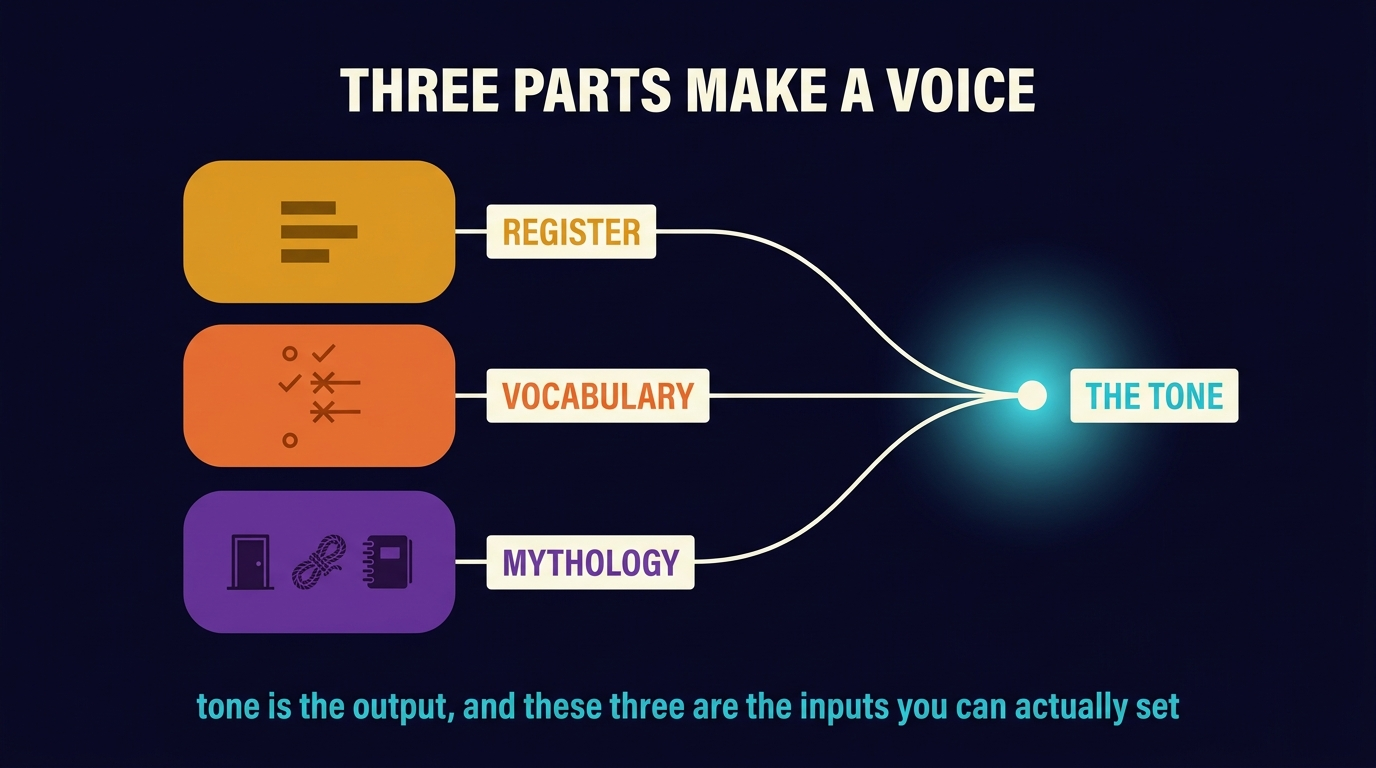 Three coloured blocks feeding threads into a single bright point: bars of differing length for register, a struck-through list for vocabulary, and a door, rope and notebook for mythology.