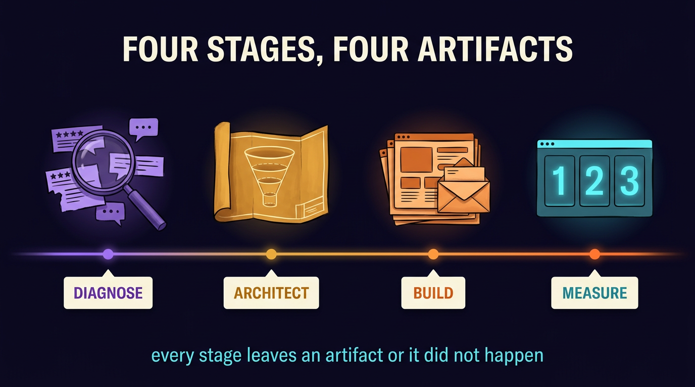A four-stage process running left to right. Diagnose holds a magnifying glass over scattered review fragments and chat bubbles. Architect holds a blueprint of nested funnel chambers annotated with belief shifts. Build shows pages and emails being assembled. Measure shows a dashboard with three numbers picked out.