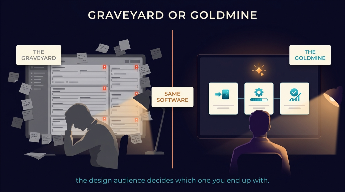 Two panels running the same CRM. On the graveyard side, a record crammed with form rows and required-field markers, sticky-note workarounds spilling off the screen, and a rep with his head in his hand. On the goldmine side, one screen carrying three connected cards in sequence, intake to work to result, and a rep sitting upright facing it.