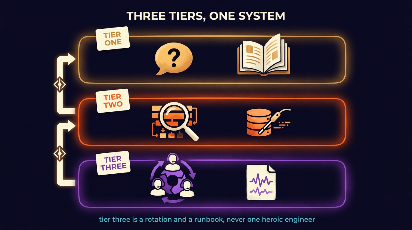 Three stacked tiers. Tier one holds how-to questions and policy lookups. Tier two holds debugging and data-investigation work. Tier three holds an on-call rotation with three engineers, a reproduction-case template, and a postmortem callout. Bracket arrows between the tiers carry the escalation criteria.