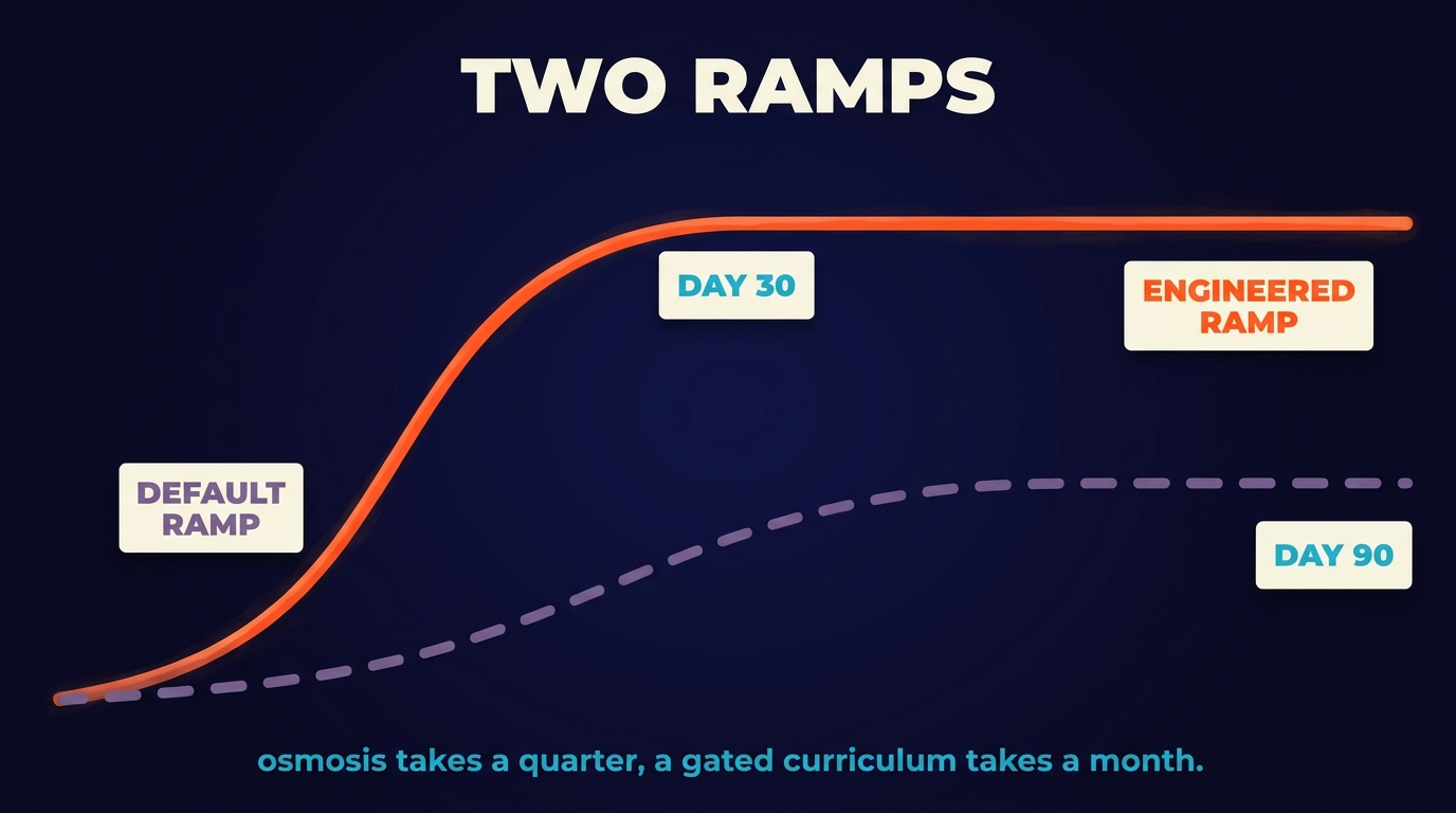 Two ramp curves on the same axes, day zero to day ninety against performance. The default curve rises slowly and only reaches its plateau near day ninety. The engineered curve rises steeply, plateaus near day thirty, and stays there, with milestone markers at week two, day thirty and day sixty.