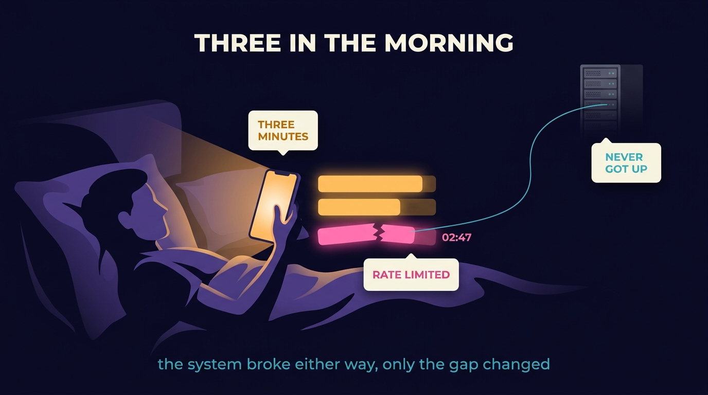 A dark bedroom. Someone lies propped in bed holding a phone whose screen is the only light in the frame. Three trace bars sit beside it: two intact, the third broken through, timestamped 02:47. A thread runs from a server rack down to the broken bar. The labels read three minutes, rate limited, and never got up.