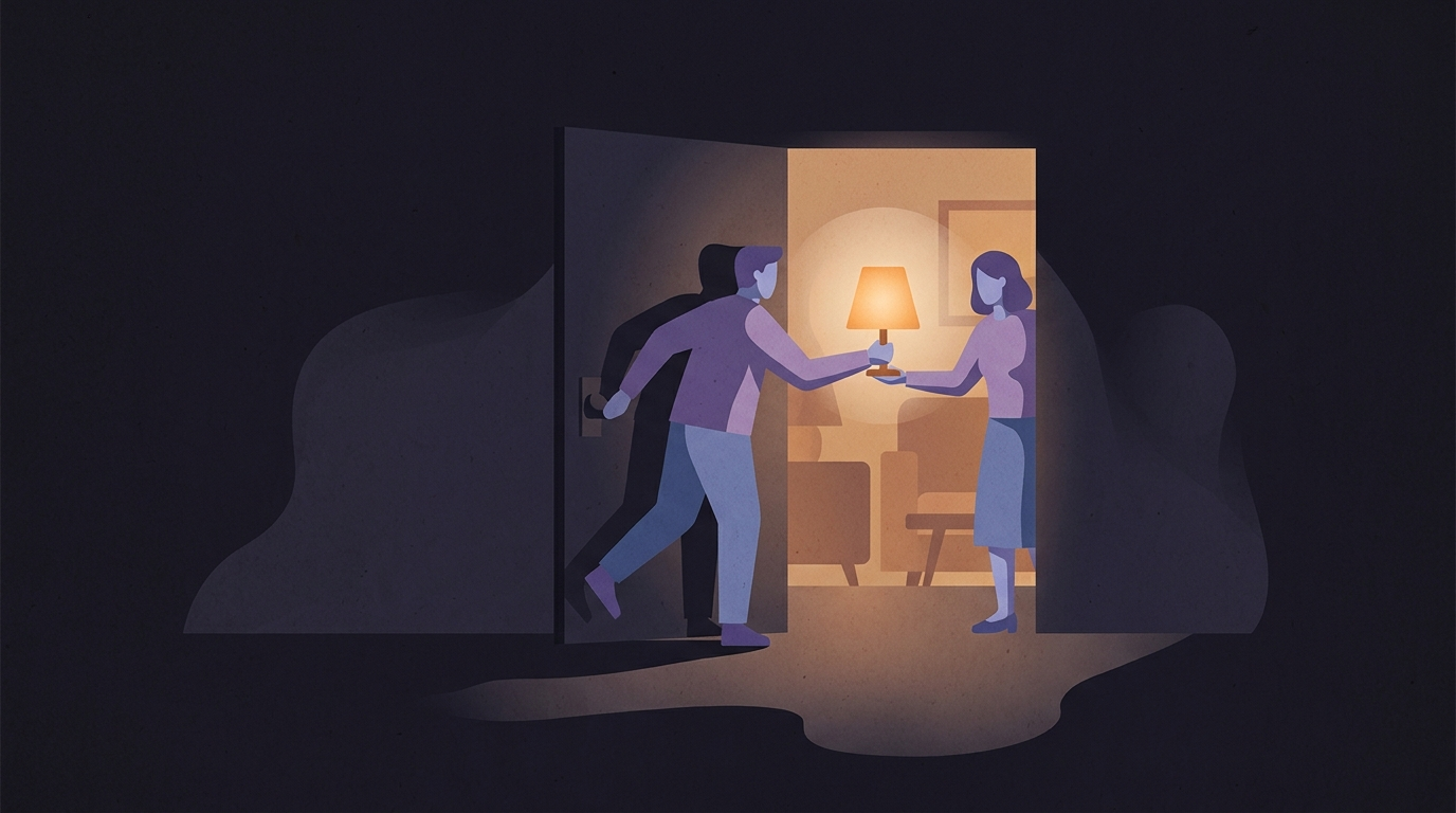 A handover in a doorway at night. One person passes a lit lamp into the hands of another standing inside a room that is already set up and warm, while the first person steps back into the dark.