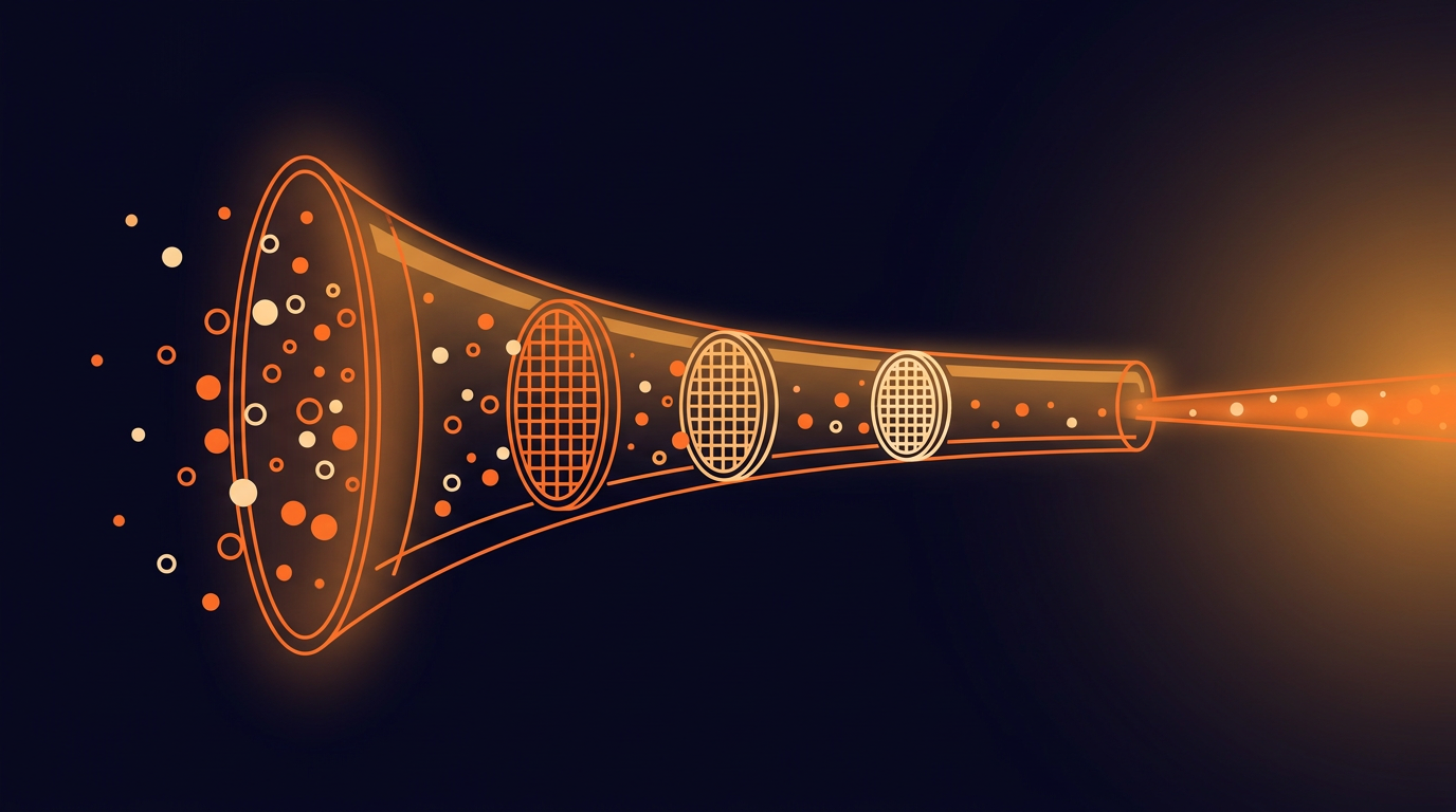 A wide funnel narrowing from left to right. Many small particles of raw inbound interest enter at the mouth. Three circular filter screens sit inside the body of the funnel. One bright stream, the qualified lead, emerges from the narrow end.
