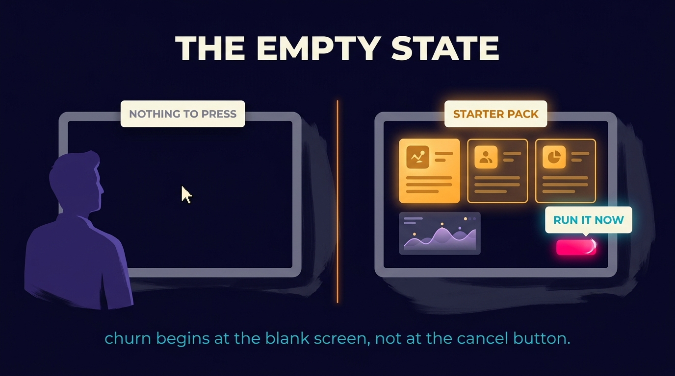 Two panels. On the left, a blank screen frame holding only a cursor, labelled nothing to press, with a person turning away from it. On the right, the same frame carrying three pre-built cards, a small chart of sample data, a starter-pack label, and a bright control labelled run it now.