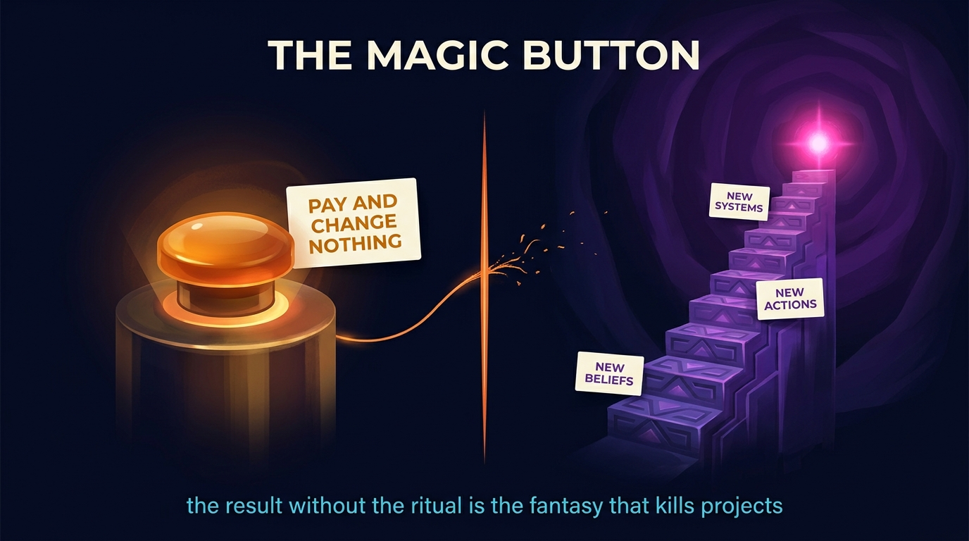 Two halves of one illustration. On the left, a large push-button on a pedestal labelled pay and change nothing. On the right, a steep staircase climbing toward a distant light, its steps labelled new beliefs, new actions and new systems. A thread runs from the button toward the staircase and frays apart in the gap between them.