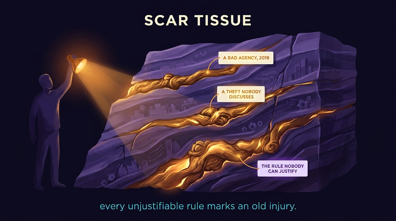 A cutaway cross-section of a business drawn as geological strata. Three thick healed seams of scar tissue run through the layers, each labelled with an old injury: a bad agency, a theft nobody discusses, and the rule nobody can justify. An operator holds a single work-lamp up to the seams.