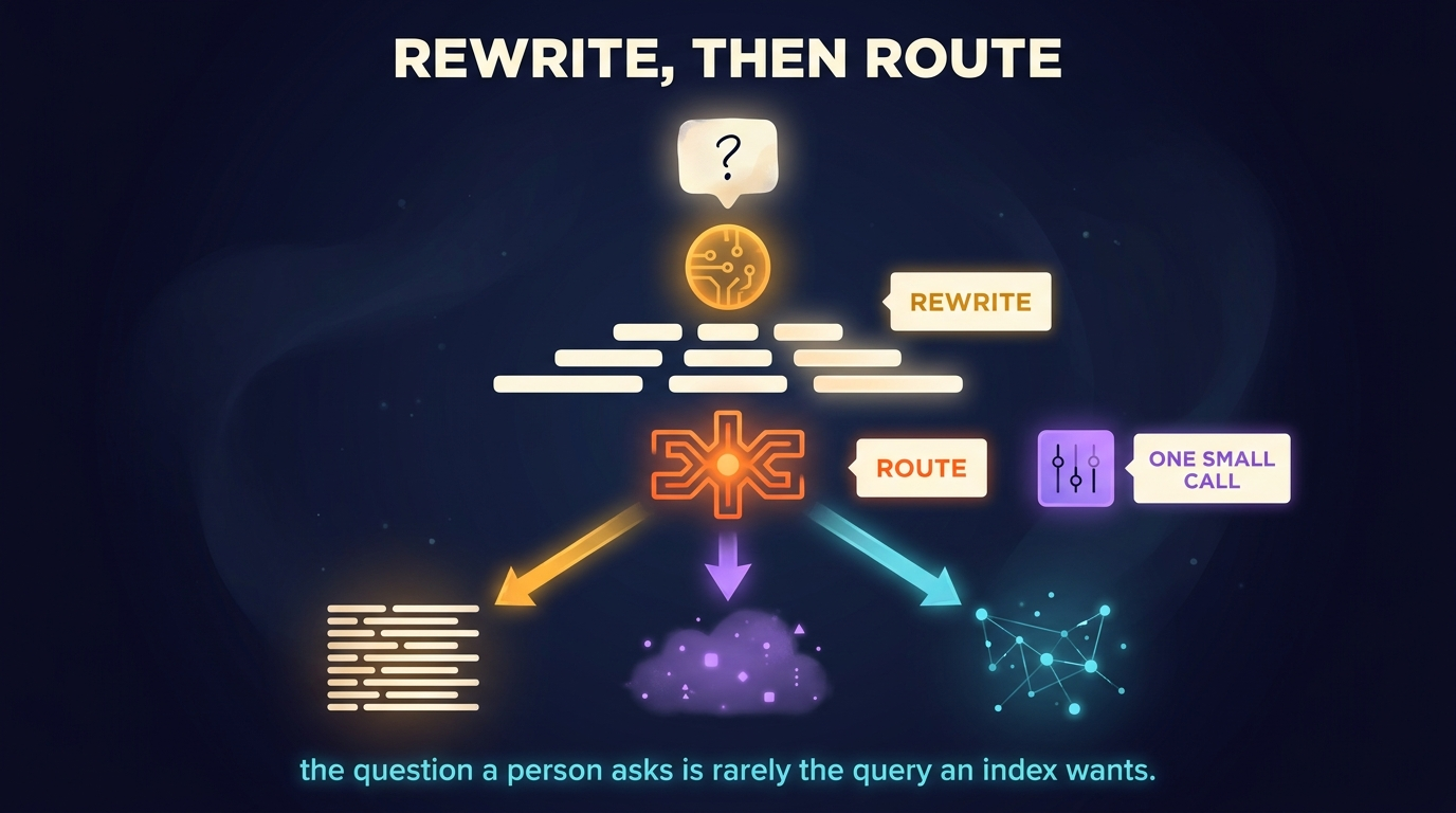 A user query reading what's the cap? flows down into a rewrite node that expands it into three variant queries. A router below splits into three arrows aimed at the lexical, dense and graph stacks. A classifier card to the side shows the chosen route and its weights.
