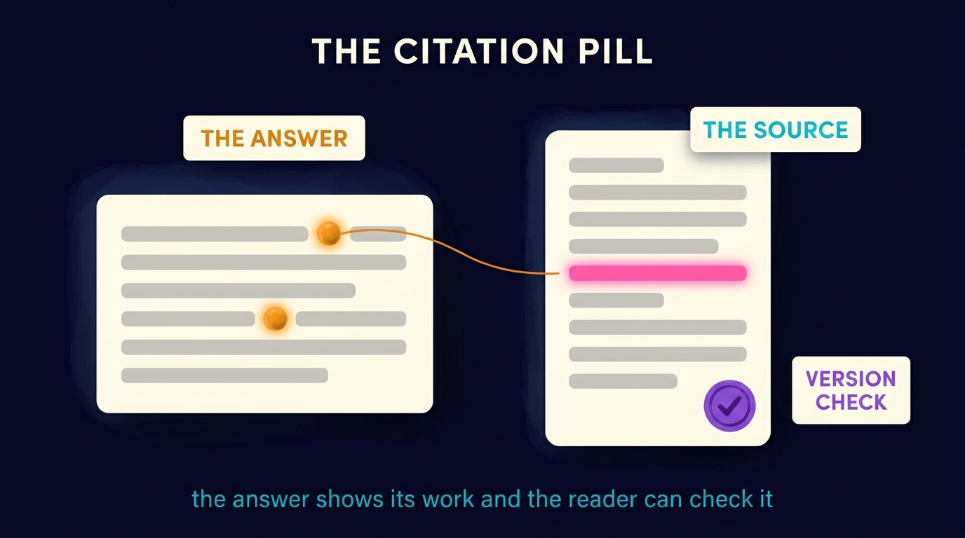 An answer paragraph carries two numbered citation pills inline. One is open, and a panel beside it shows the source document with the cited span highlighted, the version the span came from, and a control to re-resolve the citation.
