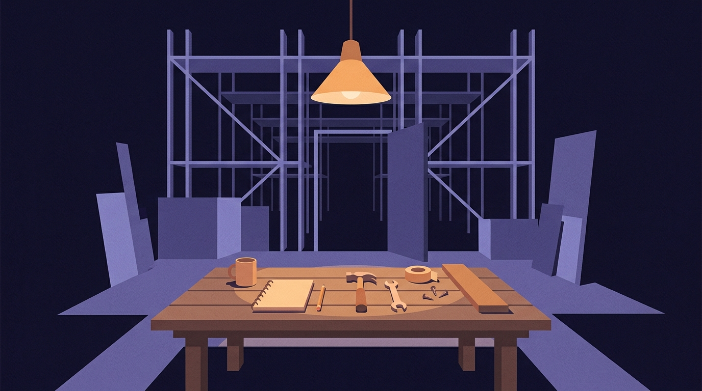 One sturdy plain plank table in a small workshop with everything needed laid out on it and nothing more, lit by a single lamp. Through the doorway behind, a vast dark hall of elaborate empty scaffolding recedes, unused.