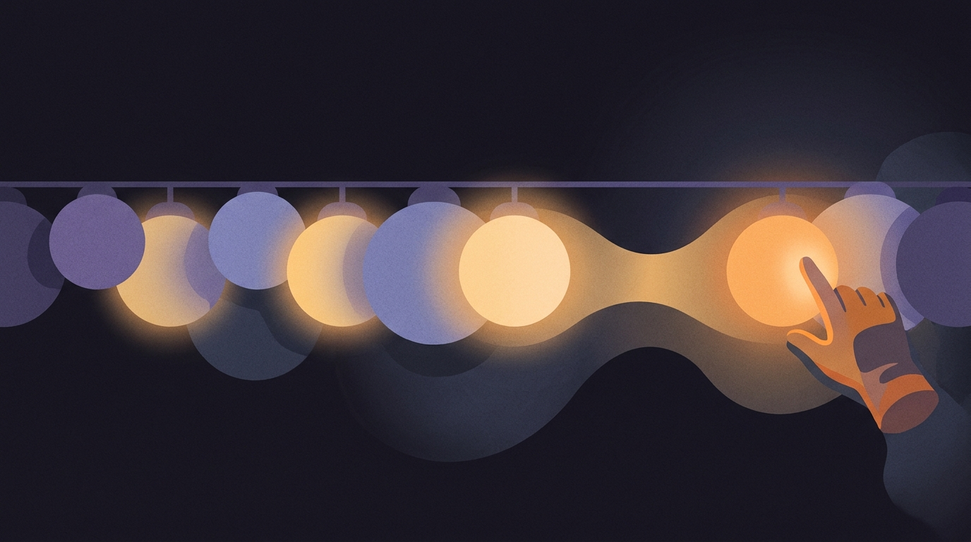 A chain of hanging lamps strung across a dark hall. A hand lights the last lamp on the right and the light travels backward along the chain, each earlier lamp brightening in turn.
