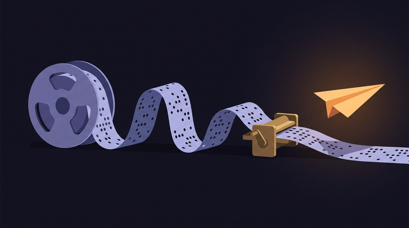 A long punched paper tape unrolling from a spool across the frame into a small brass folding machine, which produces one crisp folded paper form while the tape continues past it.