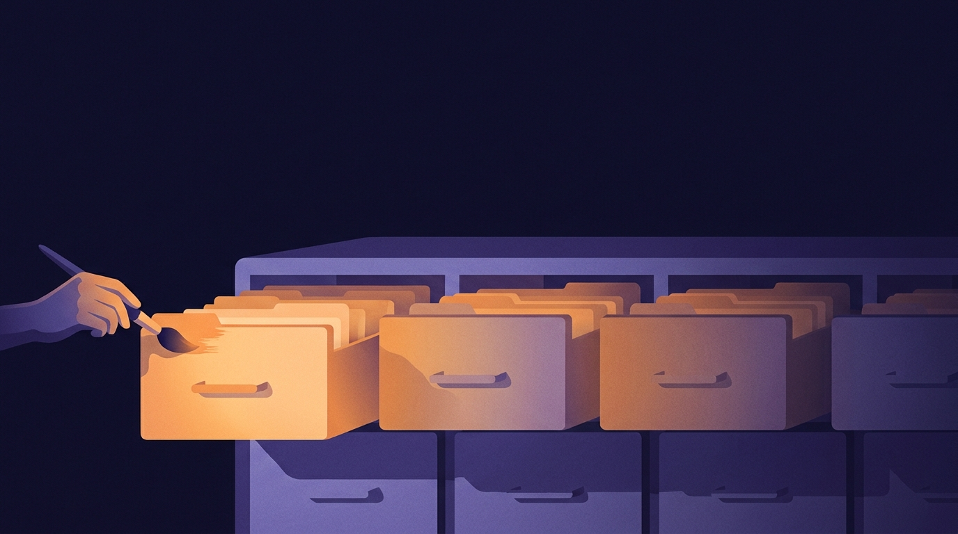 A bank of open filing drawers seen from the side. A hand paints the front drawer a new colour and the fresh colour bleeds backward through every drawer behind it.