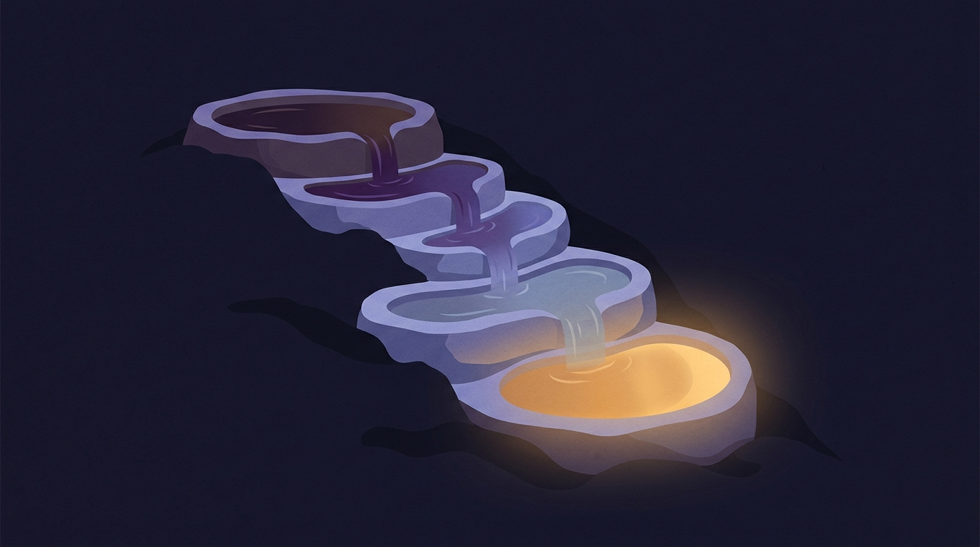 Five stone terraces cut into a hillside at night. Water flows down from the top terrace, silty and dark at the top, running clearer at each terrace, the lowest pool bright and still.