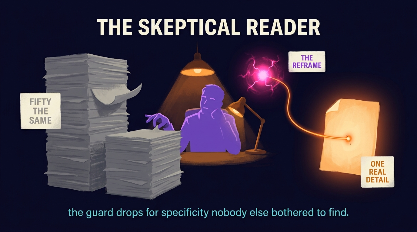 Two tall stacks of identical grey sheets sit at the left, tagged fifty the same. A guarded reader sits at a desk between them with a hand over the stack. At the right, one sheet stands upright and lit from within, tagged one real detail, with a thread running from a small detail on it to a bright core tagged the reframe.