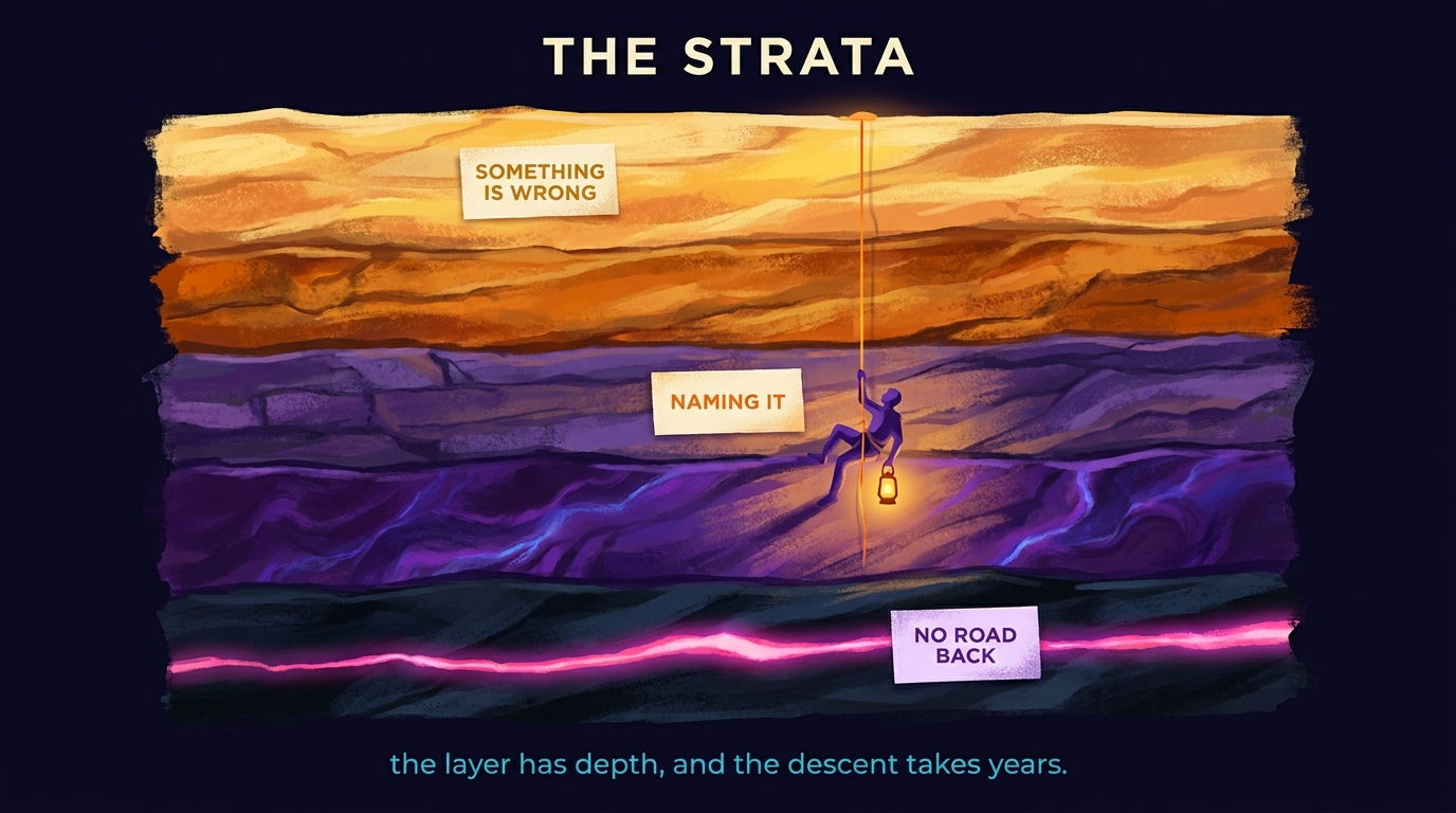 A geological cross-section of five stacked layers running from a bright surface layer down to a near-black bottom layer carrying one glowing vein. A climber descends on a rope with a lantern at the belt, currently between the third and fourth layers. The layers are marked something is wrong at the top, naming it in the middle, and no road back at the vein.