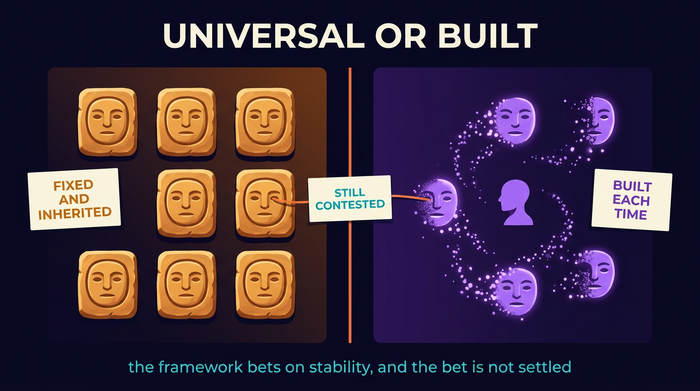 Two panels. On the left, a grid of identical carved stone tablets, each bearing the same face glyph, fixed and immovable, marked fixed and inherited. On the right, the same face glyphs as loose particles swirling mid-assembly around a head, marked built each time. A card on the divider between them reads still contested.