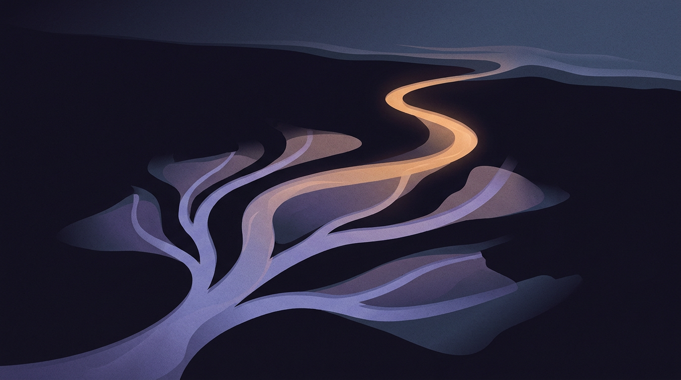 An aerial view of a river delta at night. Several channels branch from one source and end in sand, while one long channel carries water all the way to the sea, lit warm along its length.