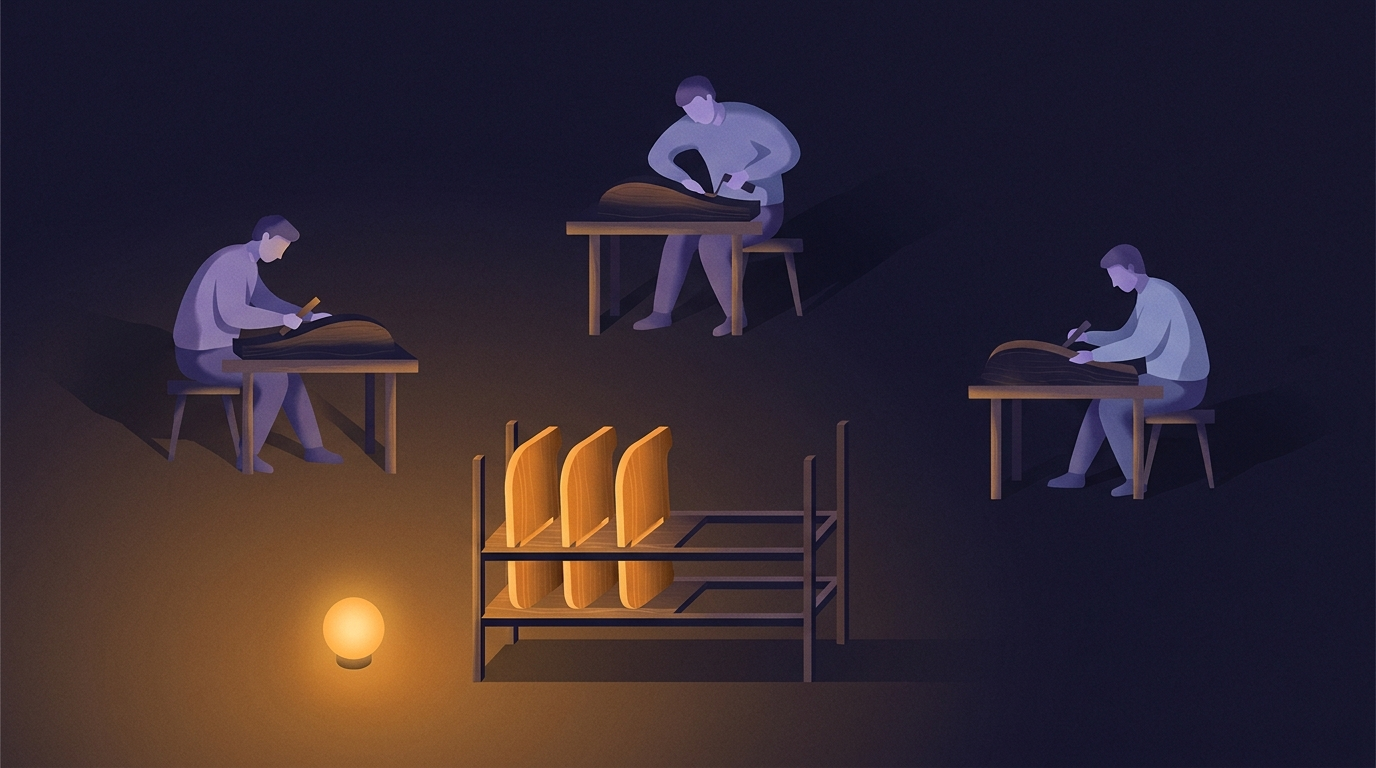 Three carpenters at three separate benches, each shaping their own copy of the same part, with a single shared shelf frame glowing in the foreground where the finished parts are joined.