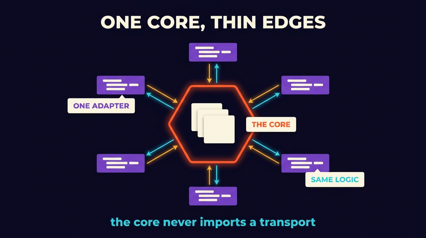 A central hexagon labelled CORE holds typed operation cards. Five thin adapters ring it, labelled HTTP, CLI, MCP, Agent and Test, each drawn as a slim panel about thirty lines of code deep. Arrows run inward from every adapter into the core and back out as typed responses.