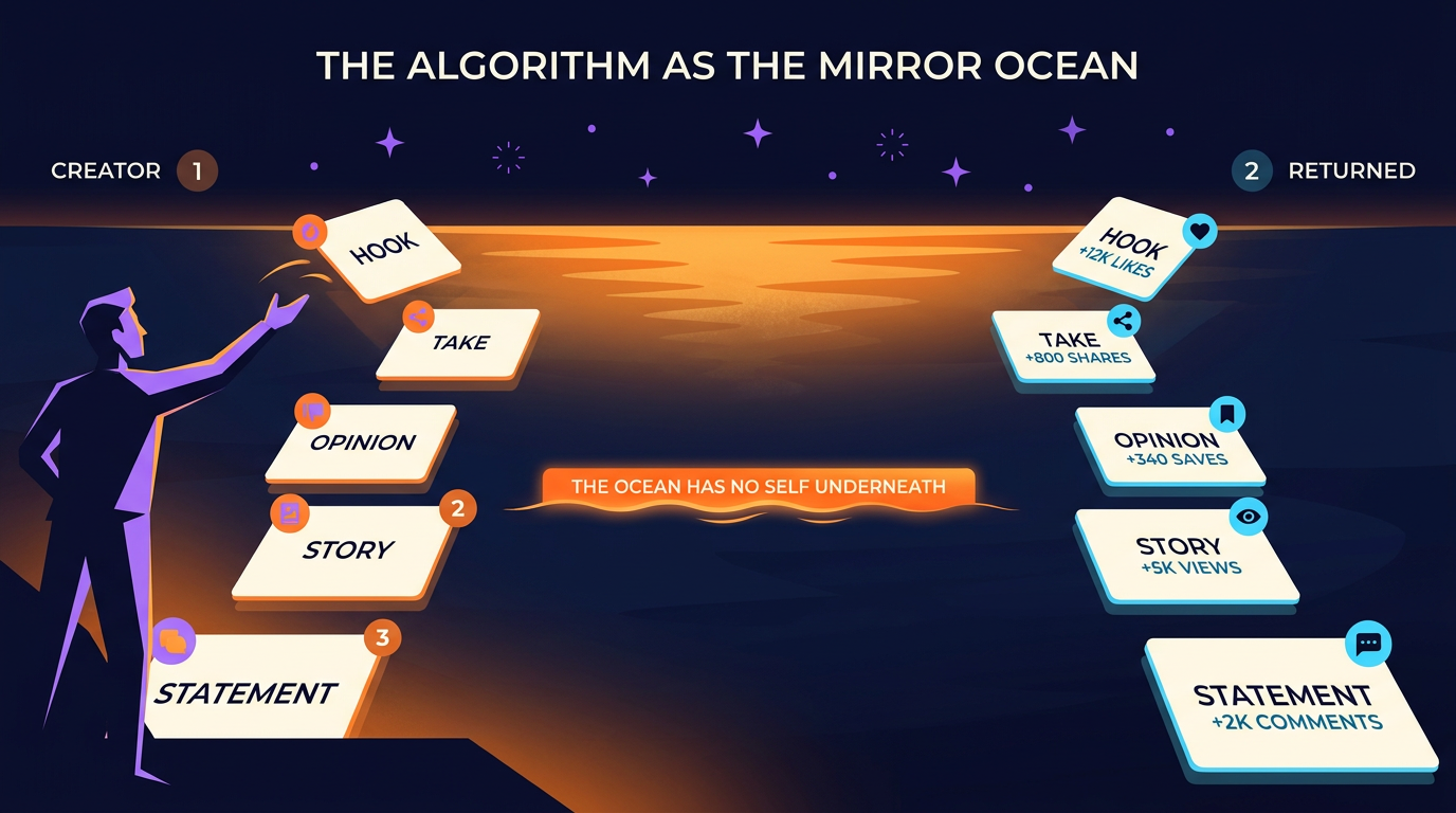 A creator tosses content cards labelled hook, take, opinion, story and statement into a dark mirror ocean. The ocean returns identical cards, each one suffixed with an engagement metric. A banner across the frame reads: the ocean has no self underneath.