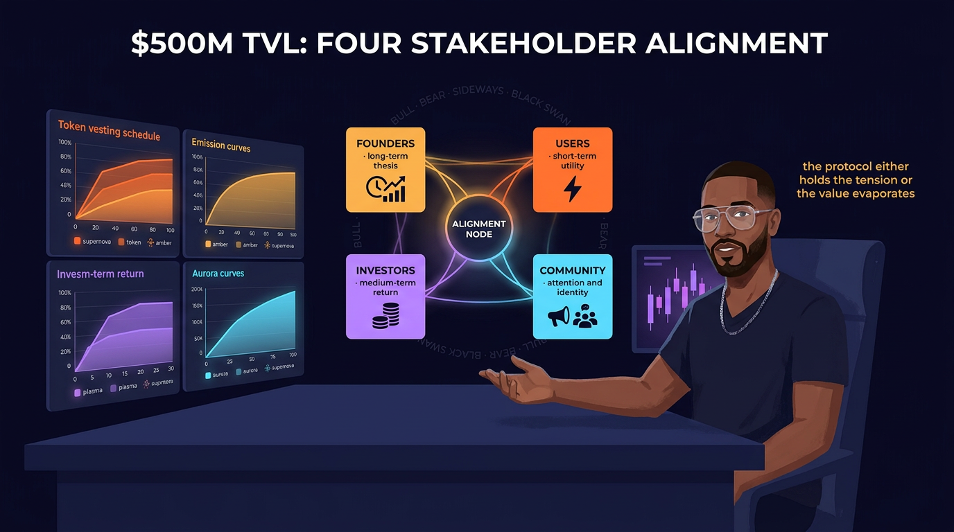 Andy at a desk of screens showing token vesting schedules and emission curves, gesturing at a central diagram. Four stakeholder cards sit at the corners, connected by threads to one alignment node: founders on a long-term thesis, users on short-term utility, investors on medium-term return, community on attention and identity. The caption reads: the protocol either holds the tension or the value evaporates.