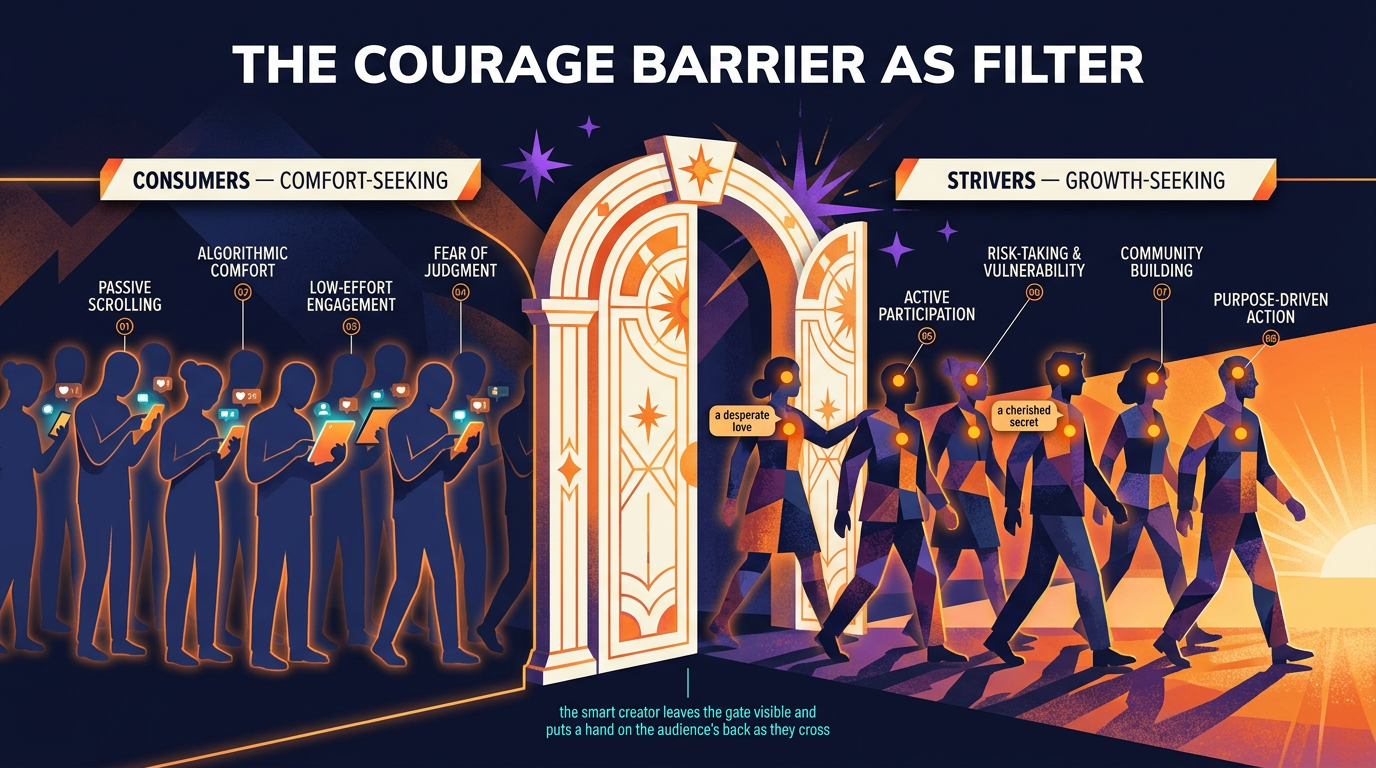 A large ornate gate stands at the center of the frame. On the near side, a crowd of identical smooth silhouettes labelled comfort-seeking consumers scroll with their heads down. Through the gate, a smaller group of patchwork silhouettes labelled growth-seeking strivers walks forward, each marked with two dots for a desperate love and a cherished secret. The caption reads: the smart creator leaves the gate visible and puts a hand on the audience's back as they cross.