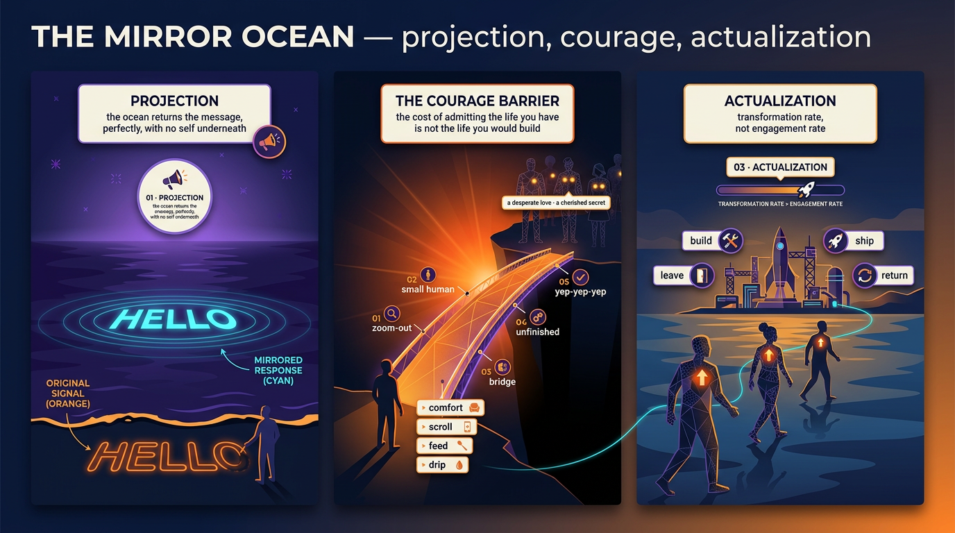 Three panels. A small figure writes HELLO in the sand and the ocean returns an identical copy, marked projection. A bridge spans a chasm with the five engineering moves marked along it, marked the courage barrier. Patchwork figures walk out of the water toward a town under construction, marked actualization.