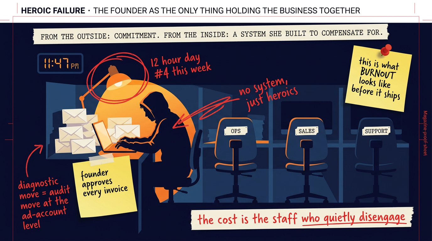 A small office at 11:47 at night under one lamp. A founder is hunched at a laptop beside a pile of unopened envelopes and three empty chairs labelled ops, sales and support. Annotations across the frame read a twelve-hour day, the fourth this week, founder approves every invoice, no system just heroics. The caption reads: from the outside commitment, from the inside a system she built to compensate for, and the cost is the staff who quietly disengage.