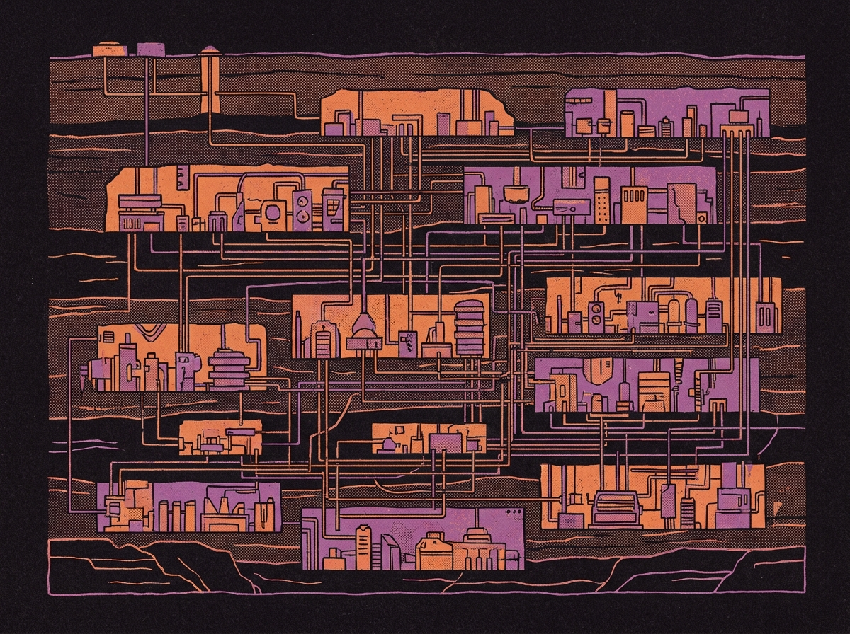 A deep underground complex in cross section, many levels down through layered rock. Every level holds a different kind of chamber, and routed lines connect chambers across levels into one interlocking web. The deepest levels are as detailed as the shallowest.