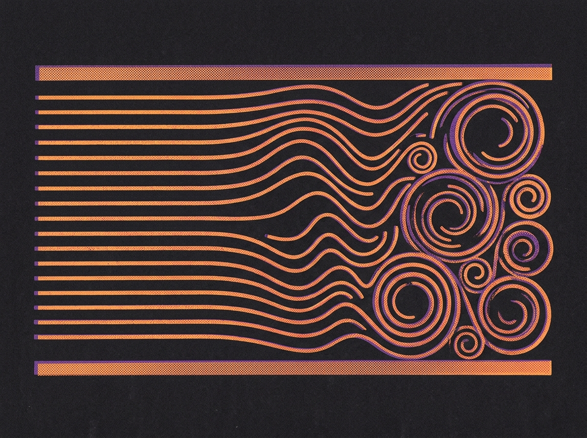A cutaway pipe printed as a two-ink plate. Flow enters at the left as perfectly parallel evenly spaced layers, buckles through the middle of the pipe, and breaks at the right into nested rolling eddies of many different sizes packed against each other.